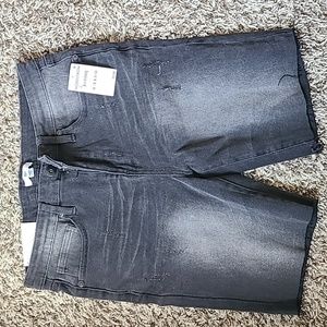 BP. Men's Slim Fit Raw Edge Denim Shorts in Black Distressed Wash